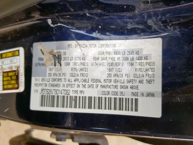 JM3TB28V780147082 - 2008 MAZDA CX-9 BLUE photo 10