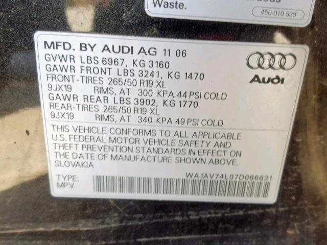 WA1AV74L07D066631 - 2007 AUDI Q7 4.2 QUA BLACK photo 10