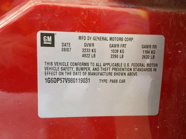 1G6DP57V980119031 - 2008 CADILLAC CTS HI FEA MAROON photo 10