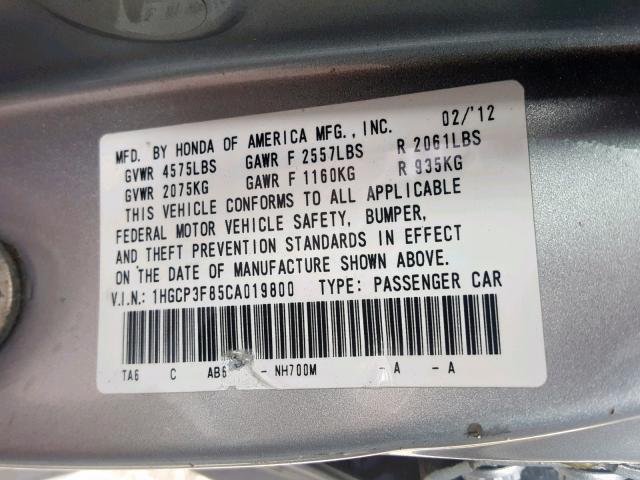 1HGCP3F85CA019800 - 2012 HONDA ACCORD EXL SILVER photo 10