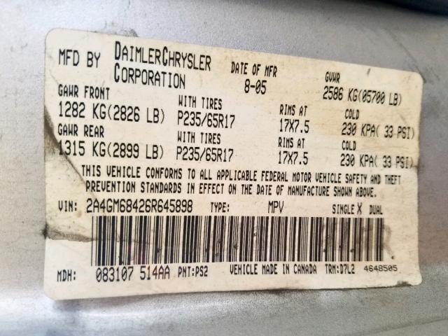 2A4GM68426R645898 - 2006 CHRYSLER PACIFICA T SILVER photo 10