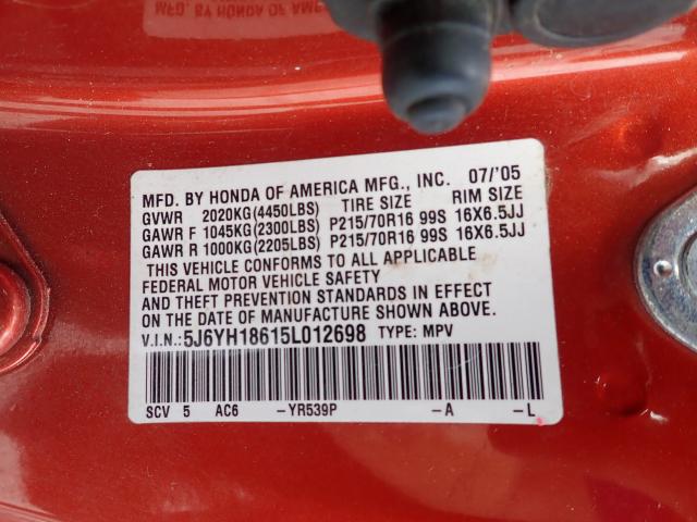 5J6YH18615L012698 - 2005 HONDA ELEMENT EX RED photo 10