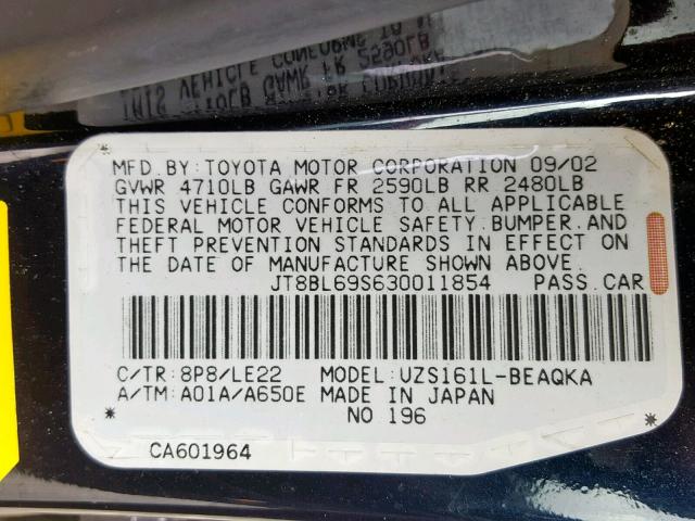 JT8BL69S630011854 - 2003 LEXUS GS 430 BLACK photo 10