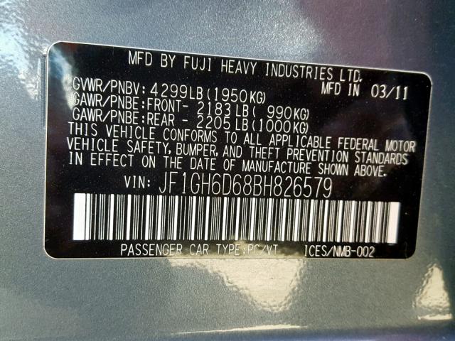 JF1GH6D68BH826579 - 2011 SUBARU IMPREZA OU GRAY photo 10