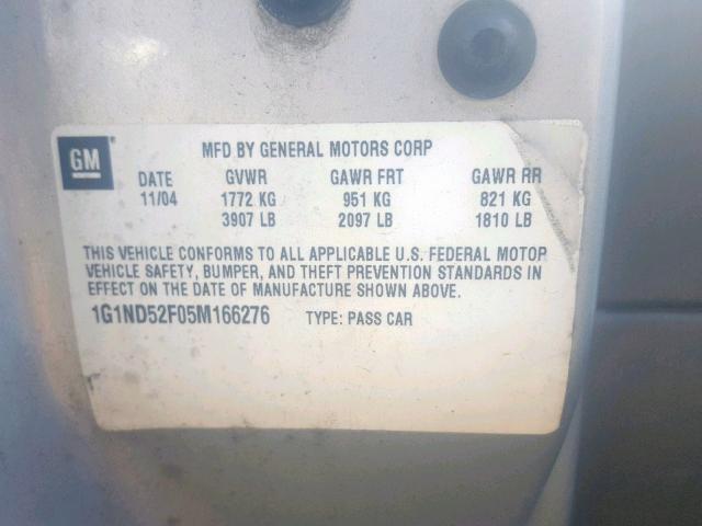 1G1ND52F05M166276 - 2005 CHEVROLET CLASSIC GRAY photo 10