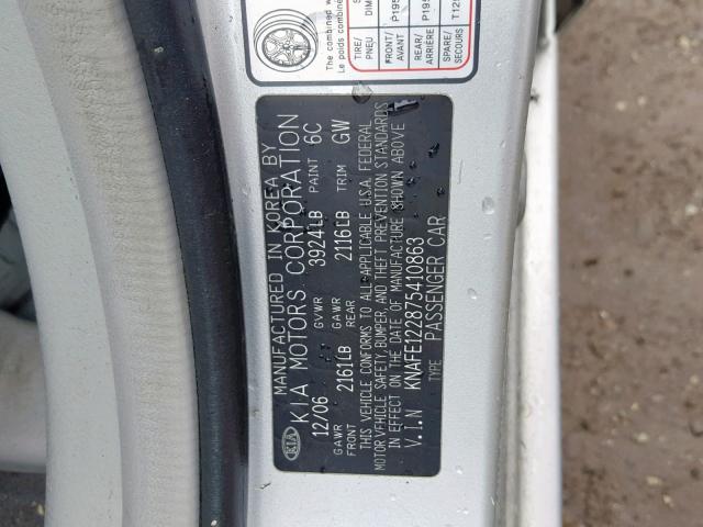 KNAFE122875410863 - 2007 KIA SPECTRA EX SILVER photo 10