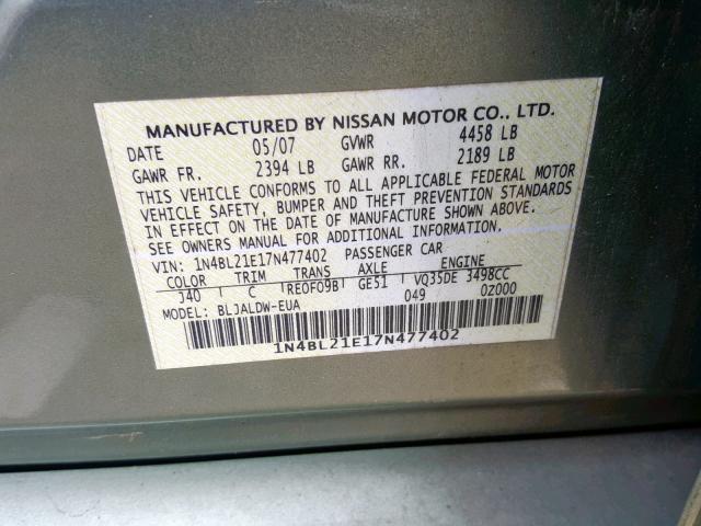 1N4BL21E17N477402 - 2007 NISSAN ALTIMA 3.5 GREEN photo 10