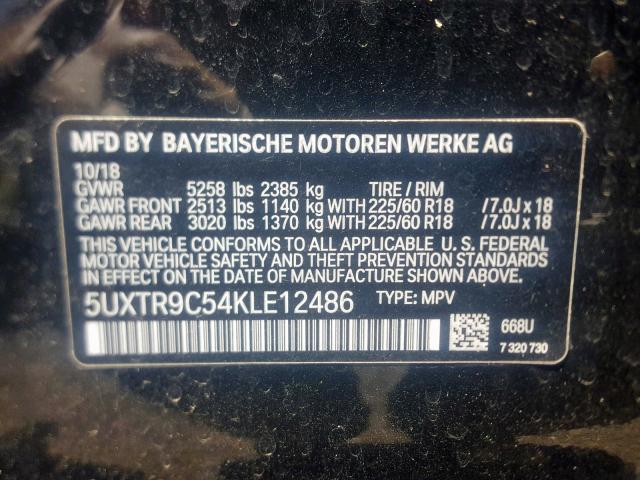 5UXTR9C54KLE12486 - 2019 BMW X3 XDRIVE3 BLACK photo 10