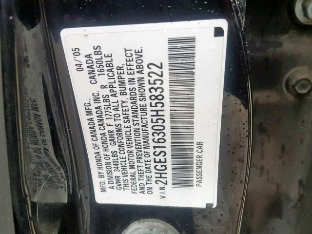 2HGES16305H583522 - 2005 HONDA CIVIC DX V BLACK photo 10