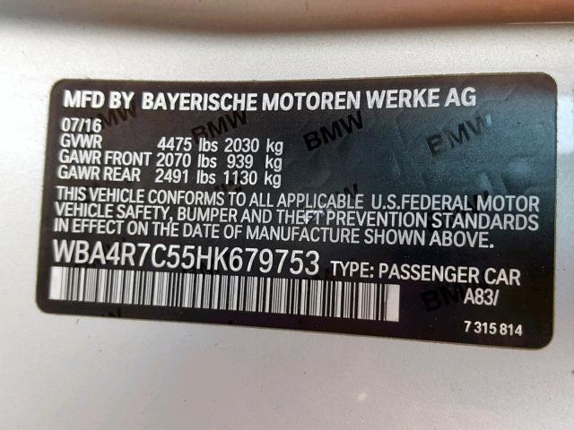 WBA4R7C55HK679753 - 2017 BMW 430I SILVER photo 10
