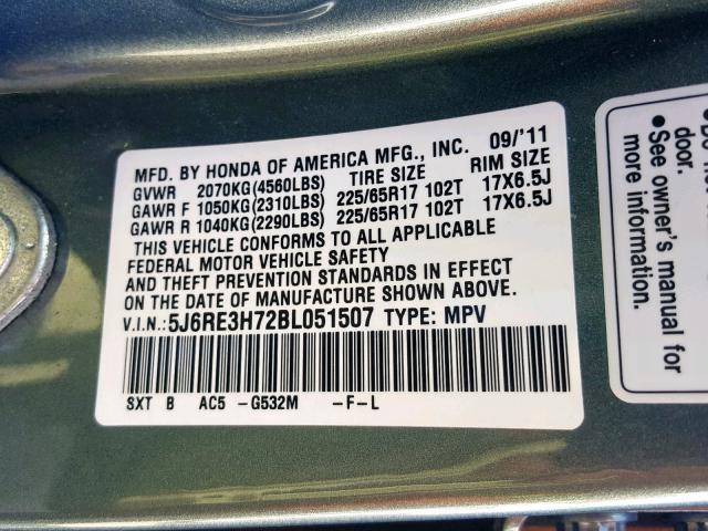 5J6RE3H72BL051507 - 2011 HONDA CR-V EXL GREEN photo 10