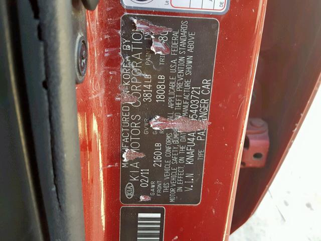 KNAFU4A2XB5403721 - 2011 KIA FORTE EX RED photo 10