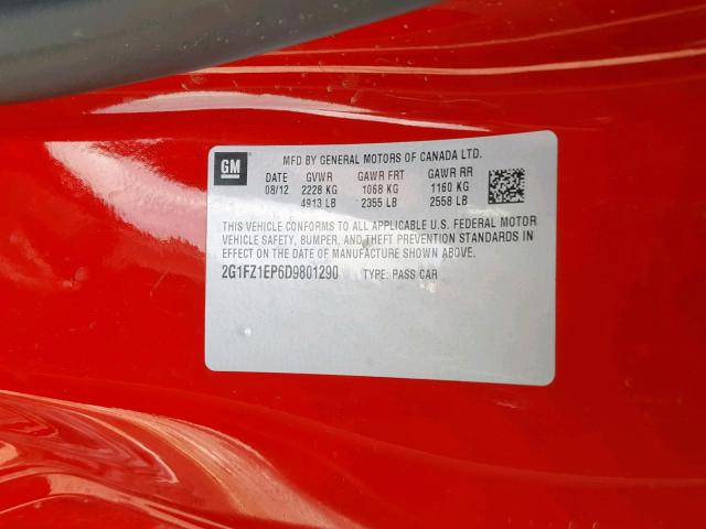 2G1FZ1EP6D9801290 - 2013 CHEVROLET CAMARO ZL1 红色 照片 10