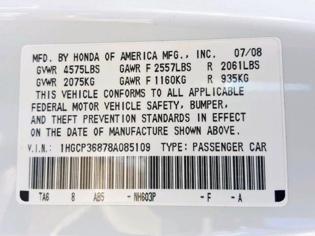 1HGCP36878A085109 - 2008 HONDA ACCORD EXL WHITE photo 10