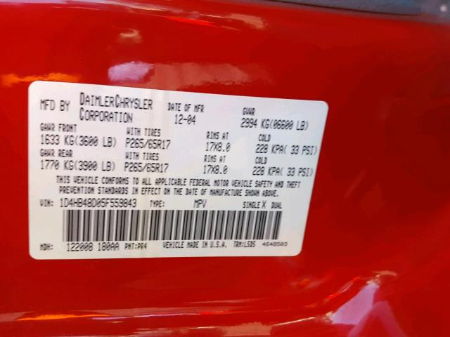 1D4HB48D05F559843 - 2005 DODGE DURANGO SL RED photo 10