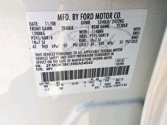 2FMDK38C39BA54542 - 2009 FORD EDGE SEL WHITE photo 10