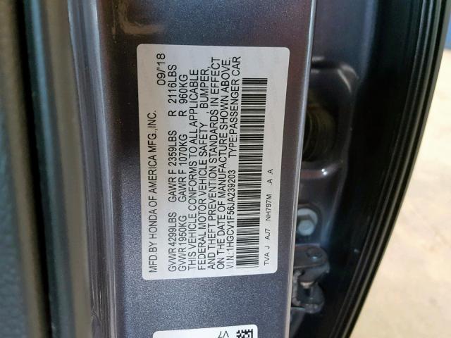 1HGCV1F56JA239203 - 2018 HONDA ACCORD EXL GRAY photo 10