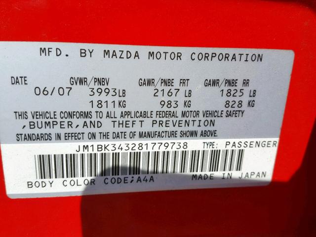 JM1BK343281779738 - 2008 MAZDA 3 HATCHBAC RED photo 10