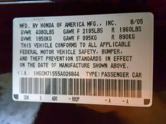 1HGCM71555A026844 - 2005 HONDA ACCORD SE BLACK photo 10