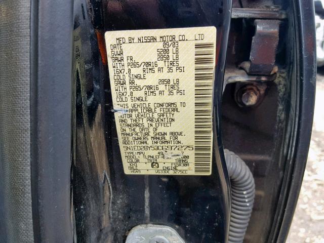 5N1ED28Y53C697275 - 2003 NISSAN XTERRA XE BLACK photo 10