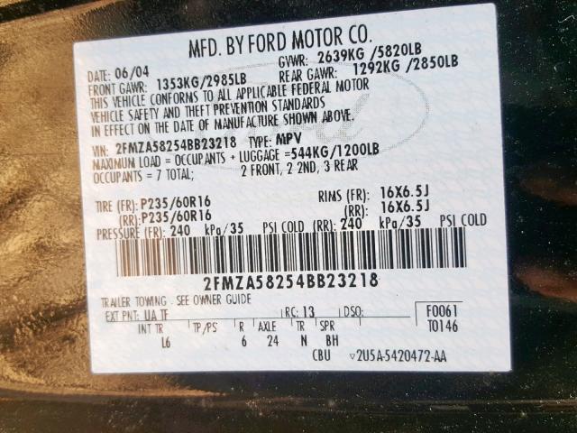 2FMZA58254BB23218 - 2004 FORD FREESTAR L BLACK photo 10