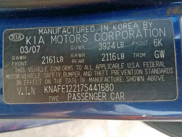 KNAFE122175441680 - 2007 KIA SPECTRA EX BLUE photo 10