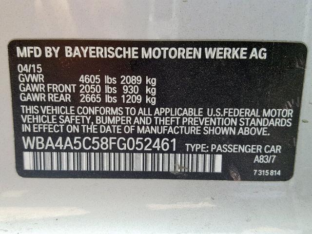 WBA4A5C58FG052461 - 2015 BMW 428 I SILVER photo 10