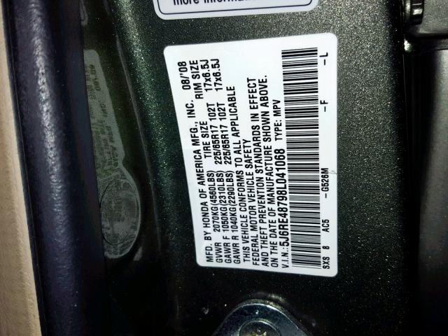 5J6RE48798L041068 - 2008 HONDA CR-V EXL GREEN photo 10