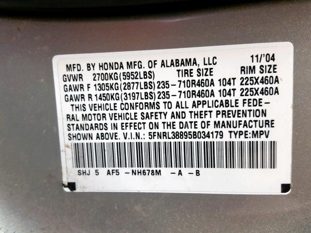 5FNRL38895B034179 - 2005 HONDA ODYSSEY TO SILVER photo 10