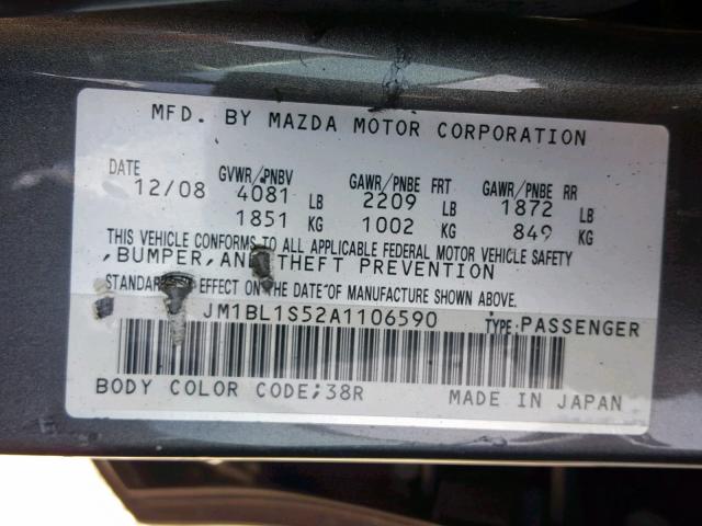 JM1BL1S52A1106590 - 2010 MAZDA 3 S CHARCOAL photo 10