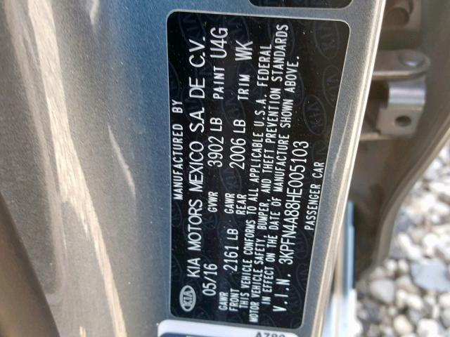 3KPFN4A88HE005103 - 2017 KIA FORTE EX GRAY photo 10