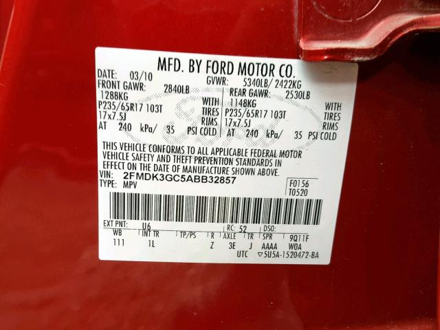 2FMDK3GC5ABB32857 - 2010 FORD EDGE SE RED photo 10