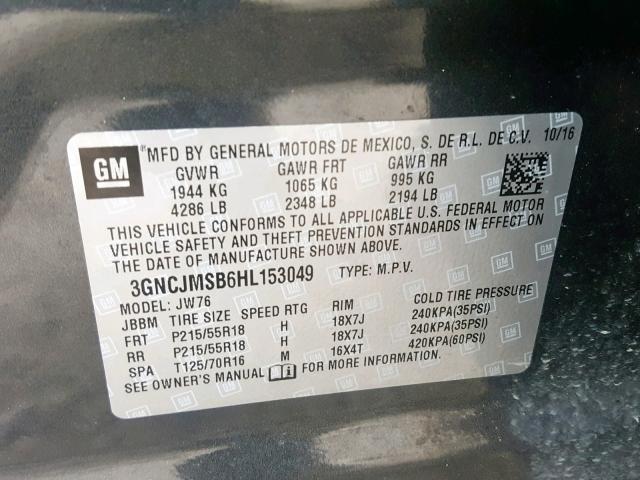 3GNCJMSB6HL153049 - 2017 CHEVROLET TRAX PREMI CHARCOAL photo 10