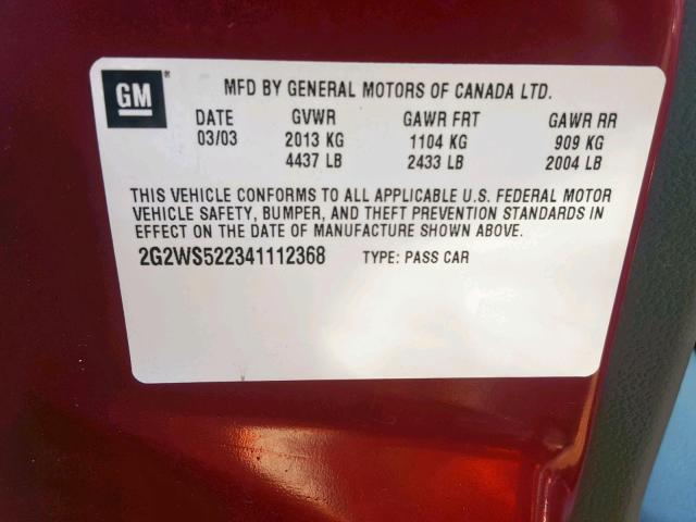 2G2WS522341112368 - 2004 PONTIAC GRAND PRIX RED photo 10