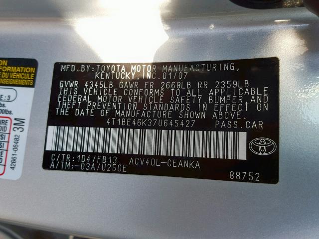 4T1BE46K37U645427 - 2007 TOYOTA CAMRY NEW SILVER photo 10