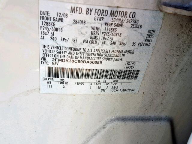 2FMDK38C89BA60885 - 2009 FORD EDGE SEL WHITE photo 10