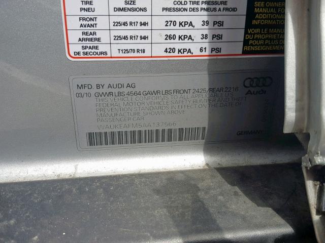 WAUKEAFM5AA137566 - 2010 AUDI A3 PREMIUM SILVER photo 10