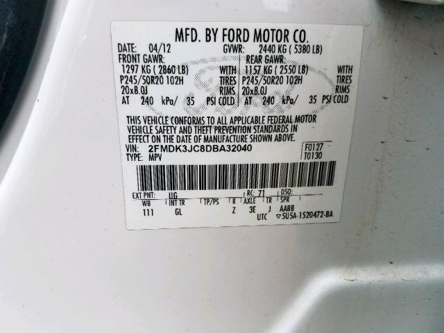 2FMDK3JC8DBA32040 - 2013 FORD EDGE SEL WHITE photo 10