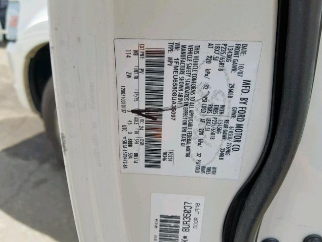 1FMEU65808UA35097 - 2008 FORD EXPLORER L WHITE photo 10