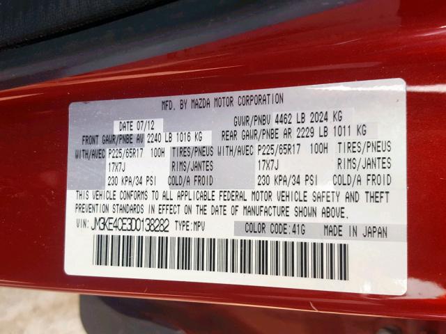 JM3KE4CE3D0138282 - 2013 MAZDA CX-5 TOURI RED photo 10