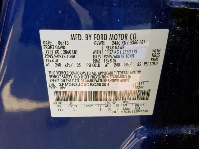 2FMDK3JC3DBC59264 - 2013 FORD EDGE SEL BLUE photo 10