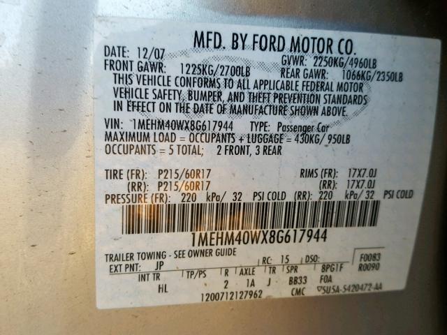 1MEHM40WX8G617944 - 2008 MERCURY SABLE LUXU SILVER photo 10