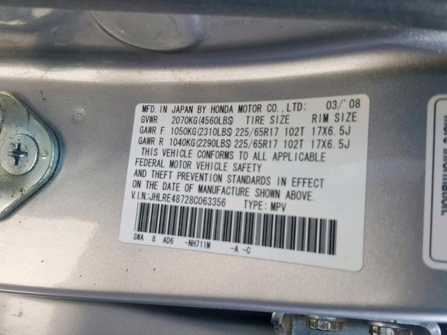 JHLRE48728C063356 - 2008 HONDA CR-V EXL SILVER photo 10