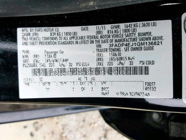 3FADP4EJ1GM136821 - 2016 FORD FIESTA SE BLACK photo 10