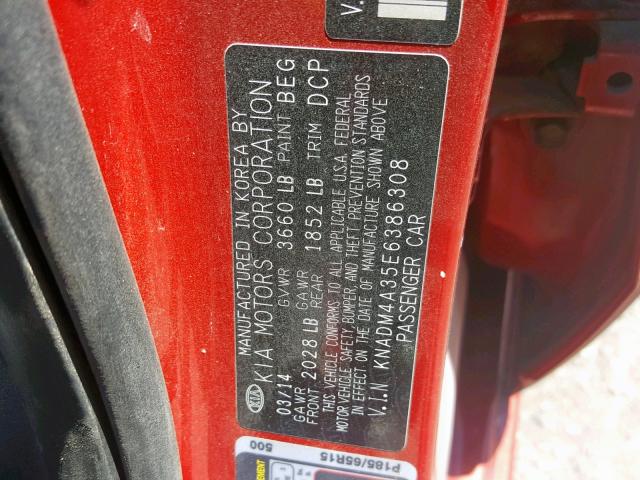 KNADM4A35E6386308 - 2014 KIA RIO LX RED photo 10