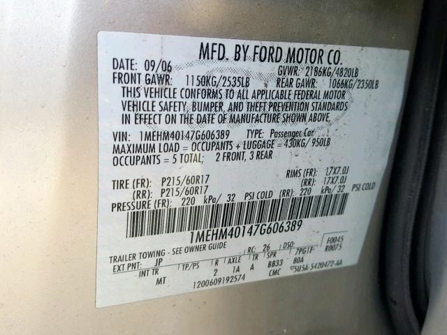 1MEHM40147G606389 - 2007 MERCURY MONTEGO LU SILVER photo 10