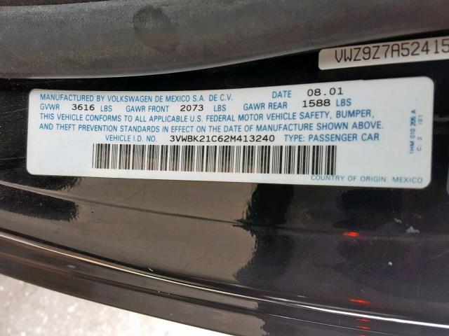 3VWBK21C62M413240 - 2002 VOLKSWAGEN NEW BEETLE შავი ფოტო 10