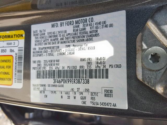 3FA6P0K99ER387338 - 2014 FORD FUSION TIT GRAY photo 10