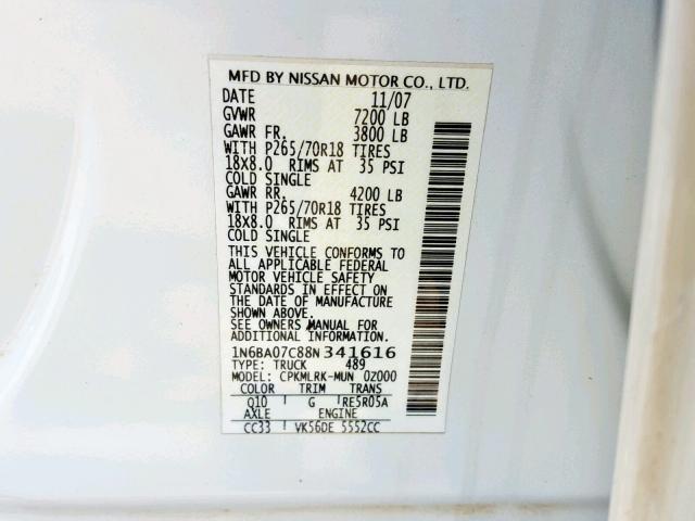 1N6BA07C88N341616 - 2008 NISSAN TITAN WHITE photo 10