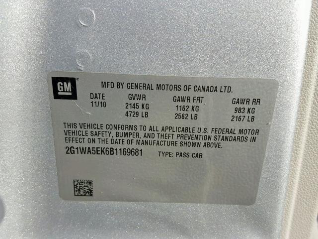 2G1WA5EK6B1169681 - 2011 CHEVROLET IMPALA LS SILVER photo 10